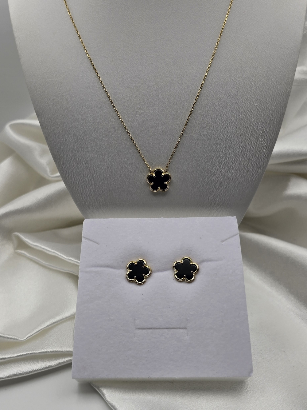 Gold Over Sterling Silver 925 Black Floral Necklace and Stud Earring Set